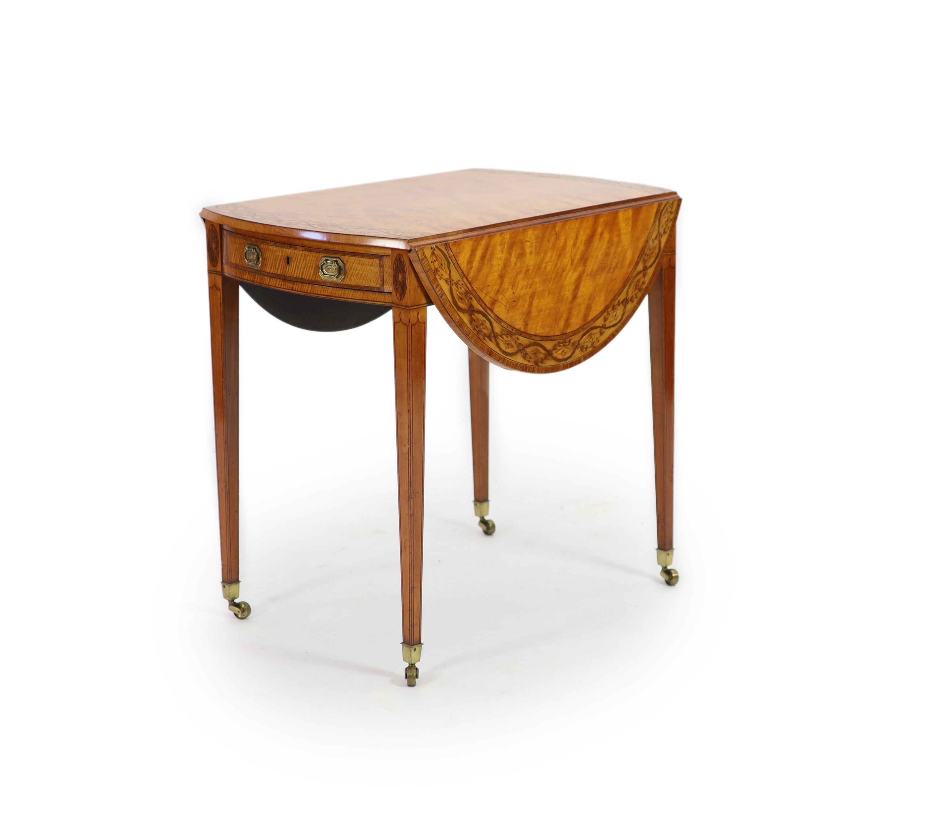 A George III Sheraton style marquetry inlaid satinwood Pembroke table, W 76cm D 52cm H 73cm